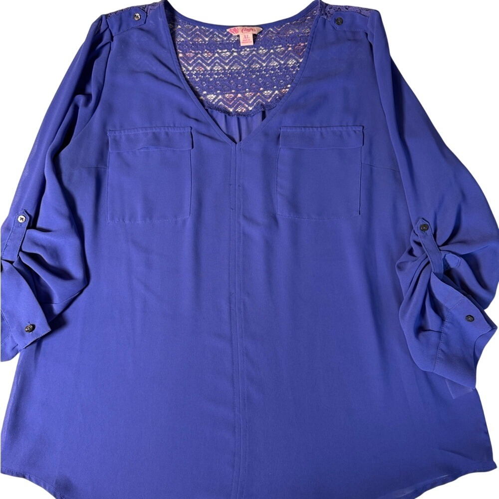 Candie's Purple Lace Back Blouse XL Roll Tab Sleeve V-Neck Top